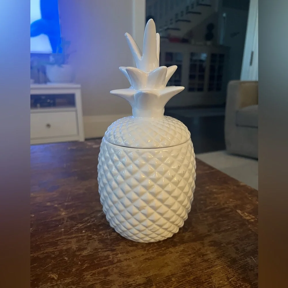 Pineapple 🍍 storage treat jar with lid. White ceramic and unique. Good luck too